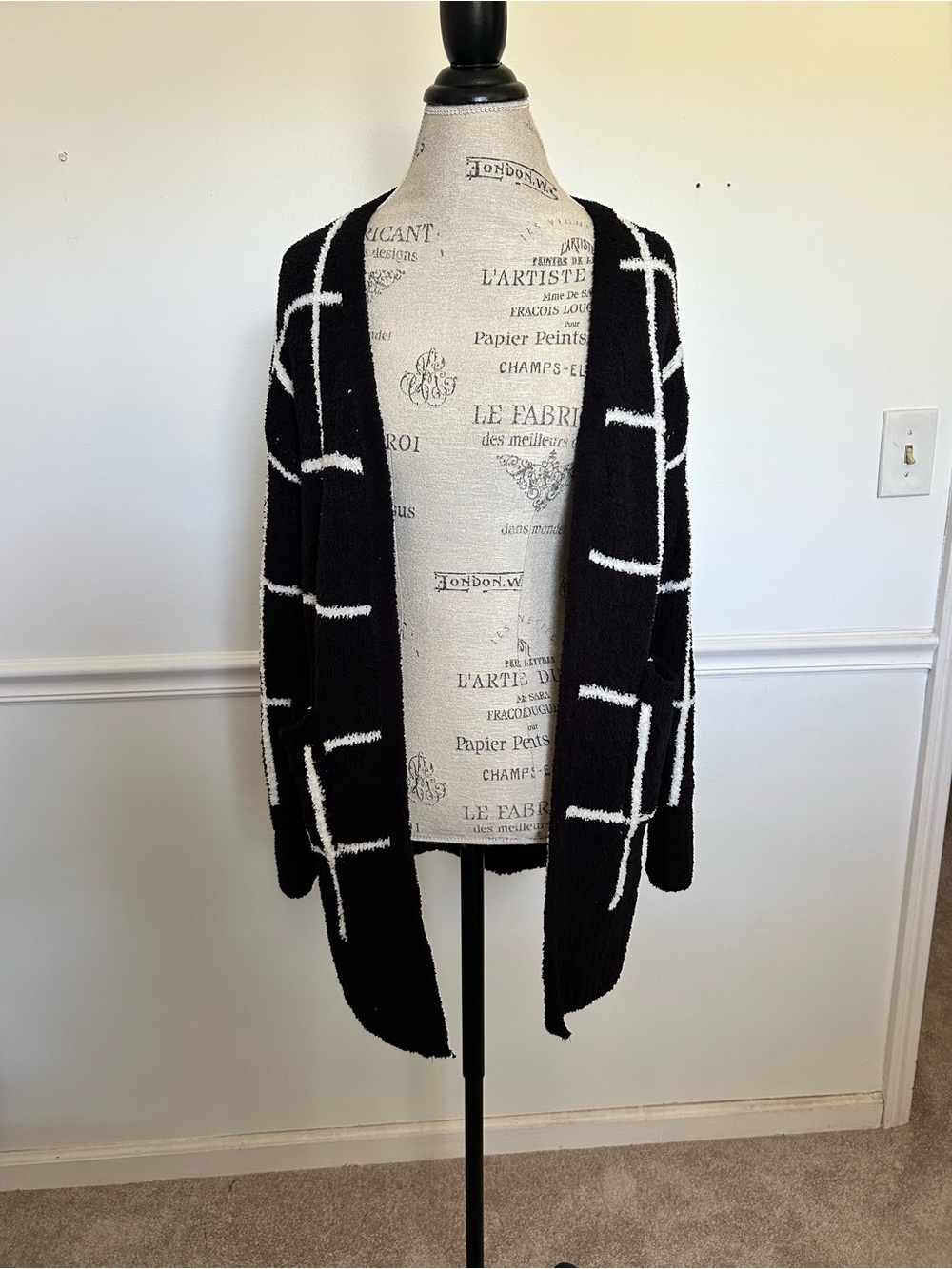 Black and White Windowpane Open-Front Cardigan